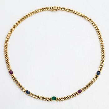 An 18K gold curb chain necklace, with cabochon-cut rubies, sapphires and emerald.