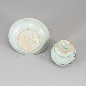 A group of blue and white dish and jar, Ming dynasty.