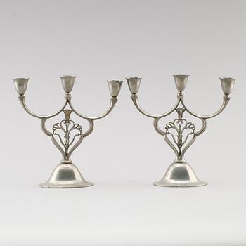 KANDELABRAR, 1 par, tenn, Just Andersen, Danmark 1928.