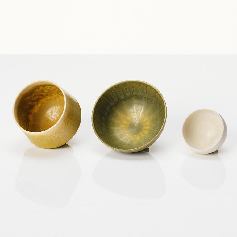 Berndt Friberg, a set of 5 stoneware miniature vases and 3 bowls, Gustavsberg studio, Sweden 1957-66.