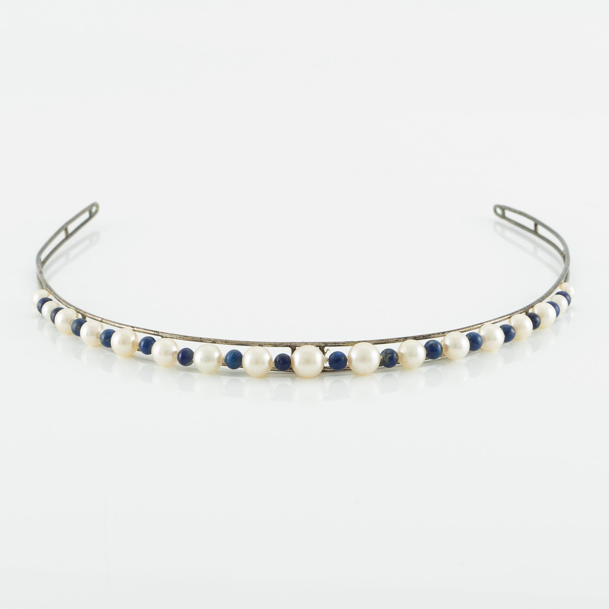 Diadem, Carlman, silver with cultured pearls and lapis lazuli.