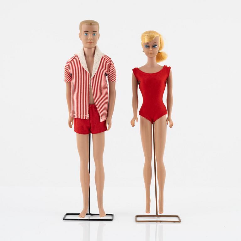 Barbie and Ken, dolls 2 pcs. as well as clothes, vintage, "Swirl Ponytail Blond" Mattel 1964, Ken Mattel 1963/64.