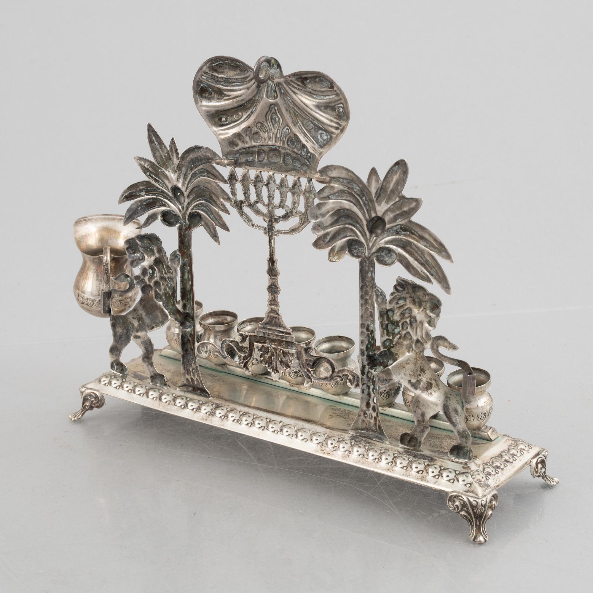 Hanukkah menorah, low-grade silver, Hazorfim Ltd, Israel, 20th Century. Judaica.