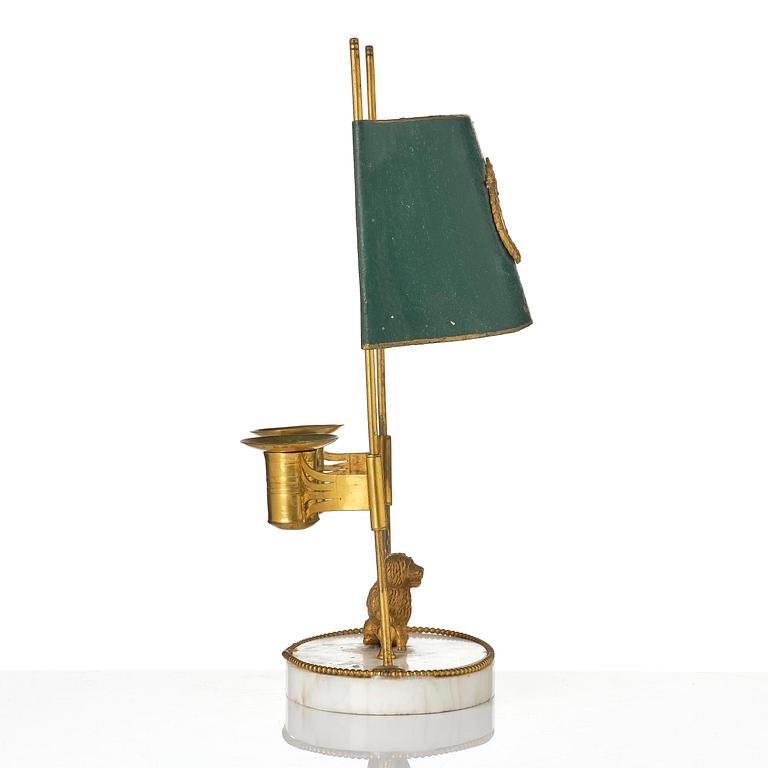 A late Gustavian gilt brass, marble and tole reading lamp, late 18th century.