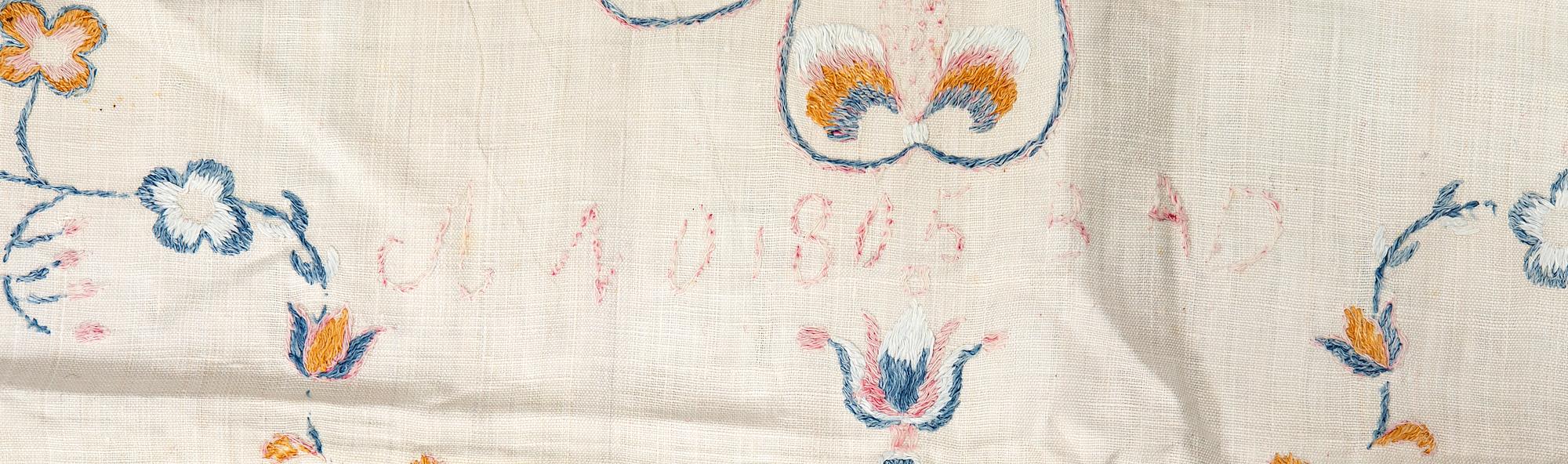 Embroidered textile dated 1805, linen, approximately 135x74 cm.