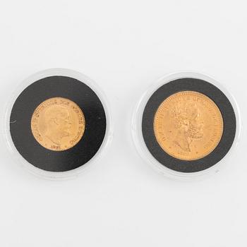 Two Swedish gold coins, 10 kronor 1901, 20 kronor 1889.