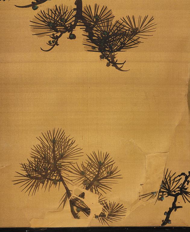 A Japanese two fold screen, Byobu, early 20th century, by unknown artist, signature perhaps to be read as Sakuho.