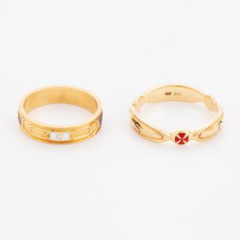 Two rings, 18K gold and enamel.