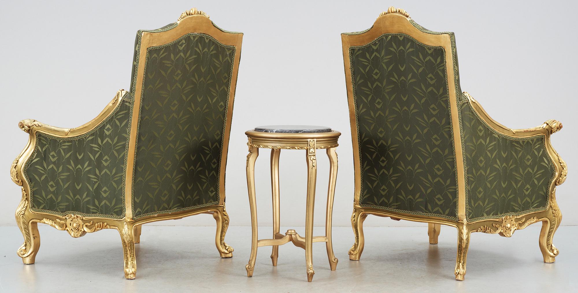 FÅTÖLJER, ett par och BORD, rokokostil, 1900/2000-tal.