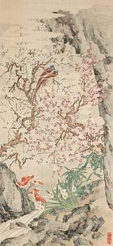 173. A painting of birds and flowering prunus, by Qu Zhaolin (1866-1937), signed.