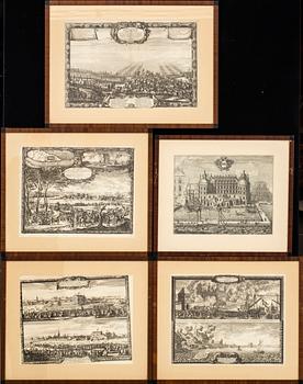 KOPPARSTICK, 5 st ur Erik Dahlbergs 'Svecia antiqua et hodierna', 4 blad 1700-tal, 1 18/1900-tal.