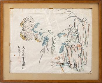 Unidentified artist, Chrysanthemums and a cricket at a rock, Suzhou 17th/18th century.