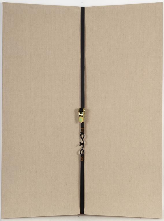 Morgan-Richard Murphey, assemblage, ratchet clamp and raw linen on aluminium stretcher bars.