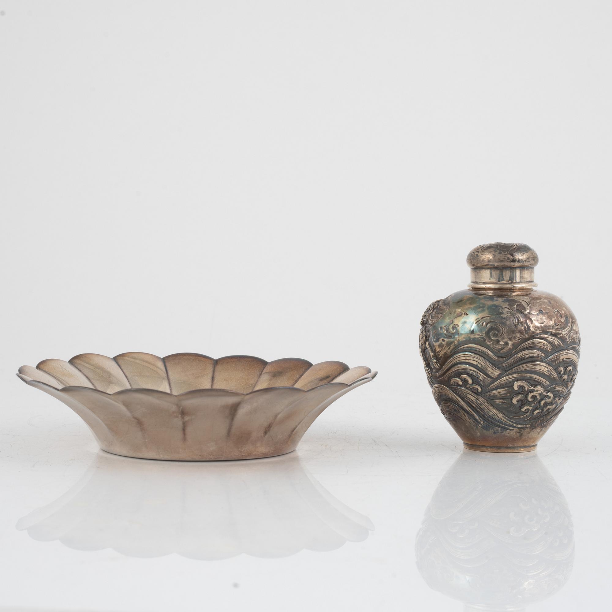 A silver tea caddie and bowl, China, 19th-20th century.