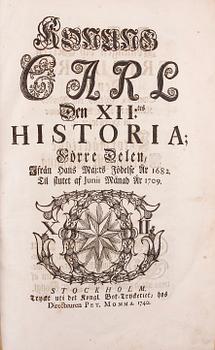 BÖCKER, 2 vol, "Konung Carl XII:tes historia", av Jöran Nordberg. Pet. Momma resp Peter Jöransson Nyström, Stockholm 1740.