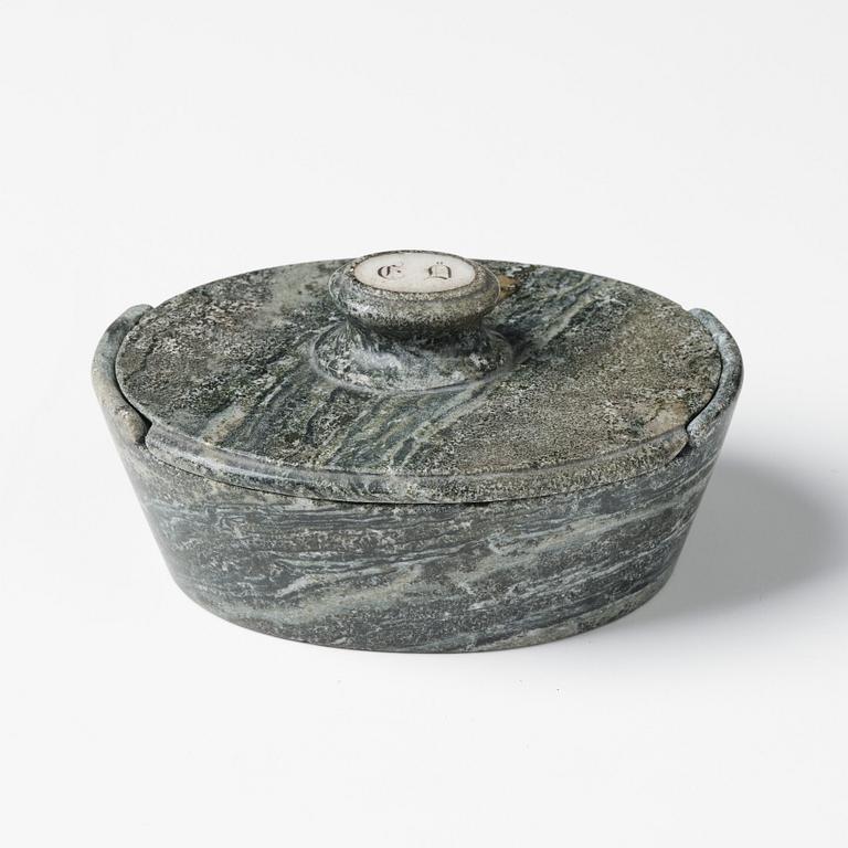 A Swedish Empire 'Kolmård' marble butter box with cover, early 19th century.