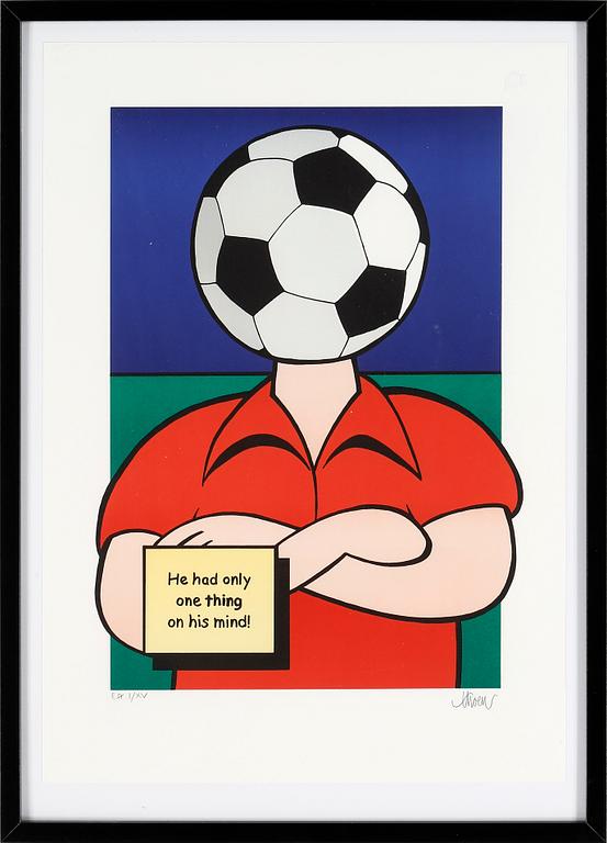 PETTER THOEN, färglitografi, "He had only one thing on his mind", signerad och numrerad.