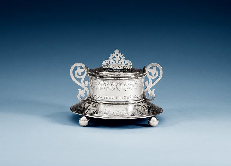A RUSSIAN SILVER BUTTER-DISH, un identified makers mark, St. Petersburg 1885.