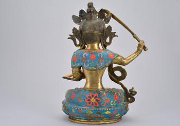 SKULPTUR, Kina, Manjushri, målad brons. 1900-talets andra hälft.