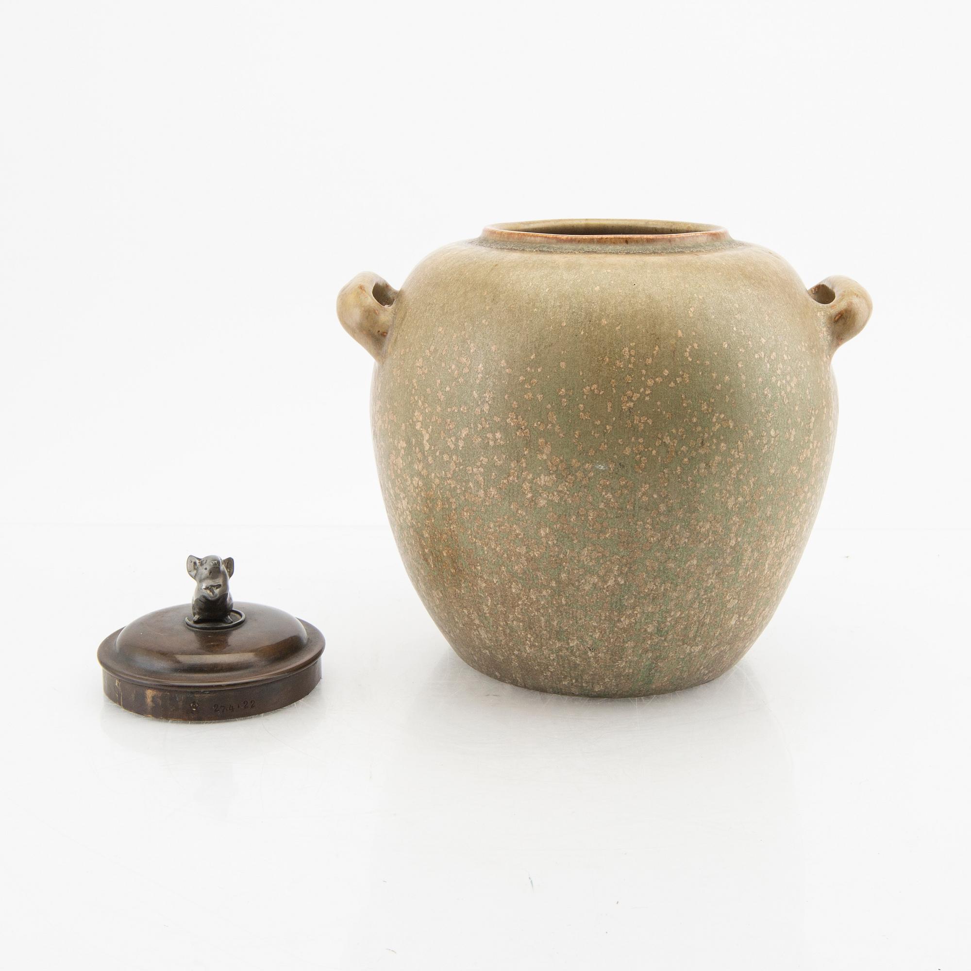 Patrick Nordström, a stoneware urn with bronze lid Royal Copenhagen dated 27-4 1922.