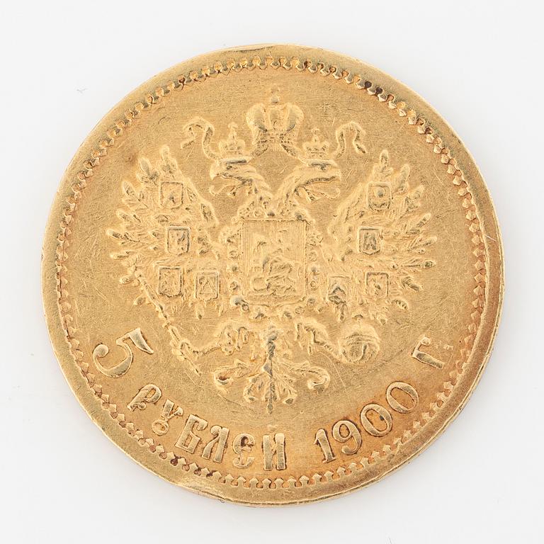 Pendant in gilded silver with two gold coins, 20 kr Oscar II 1875 and 5 rubles Nicholas II 1900.