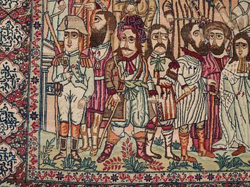 A RUG, an antique Kerman Laver figural, "the Rulers of the World", ca 234-235 x 142 cm.