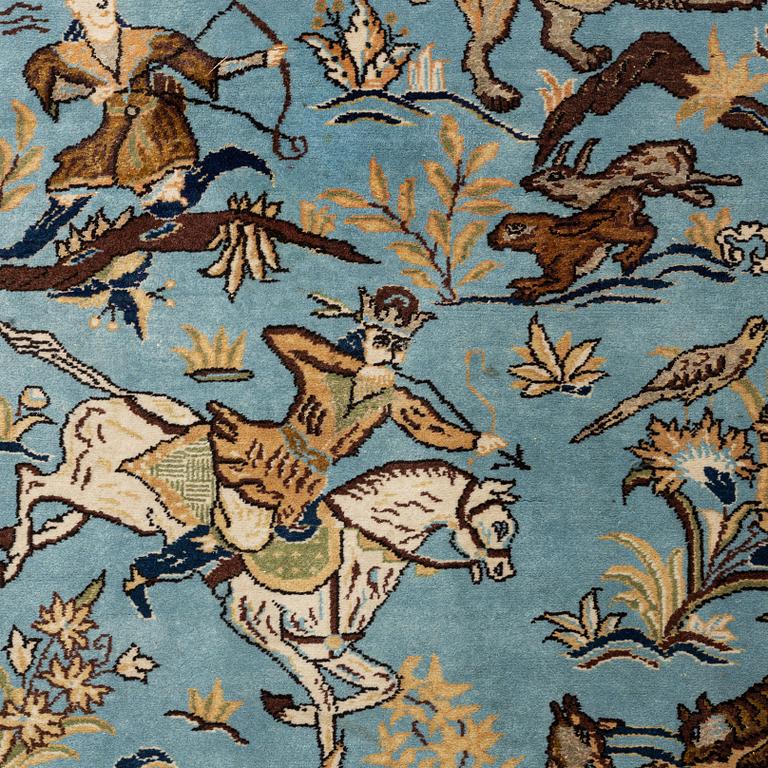 Matto, old Qum figural part silk, ca 213 x 135,5-139 cm.