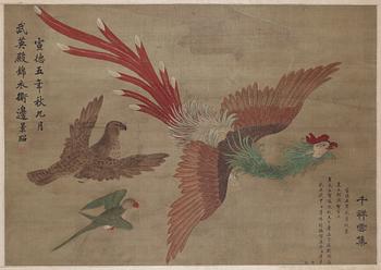 315. MÅLNING med KALLIGRAFI, Qingdynastin, troligen 1700-tal, efter äldre original. Fågel Fenix.