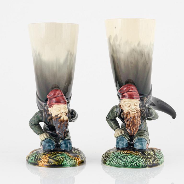 A pair of drinking horns, majolica, Rörstrand, circa 1900.