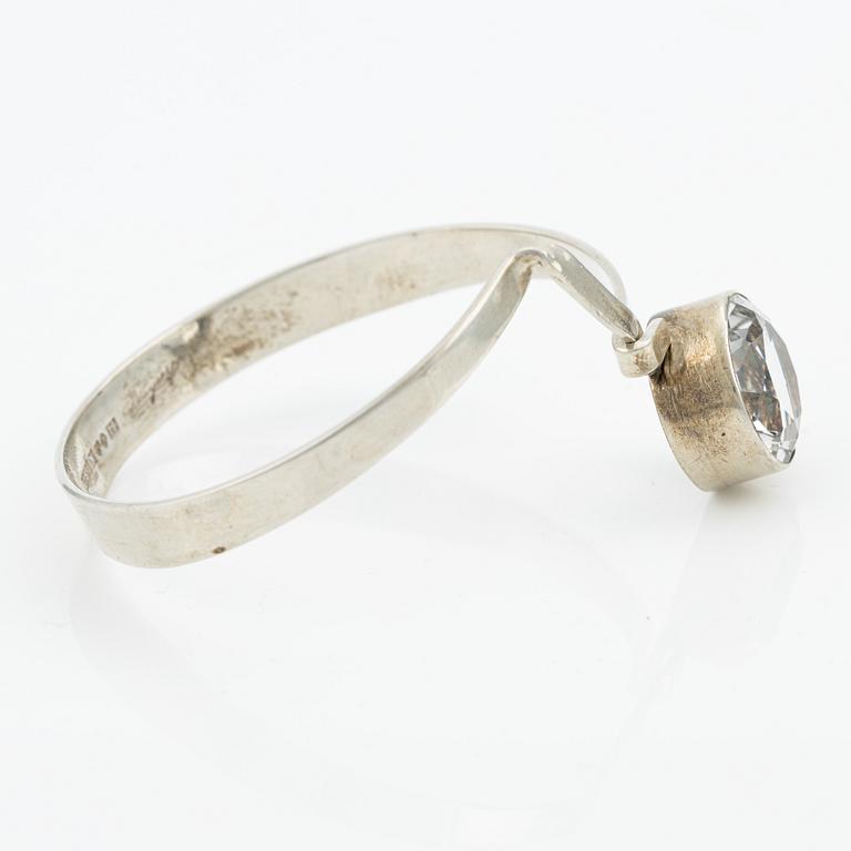 Bangle and ring, silver with quartz and synthetic white stone.
