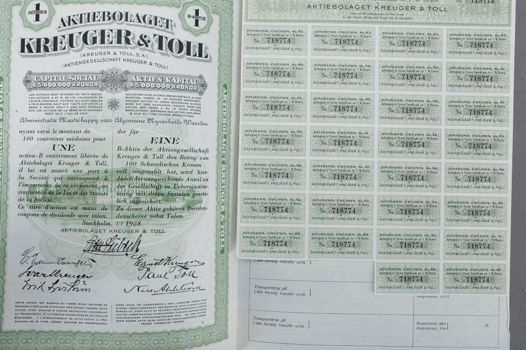 PARTI BÖRSMEMORABILIA, etsningar, 7 st samt aktiebrev från Kreuger & Toll.