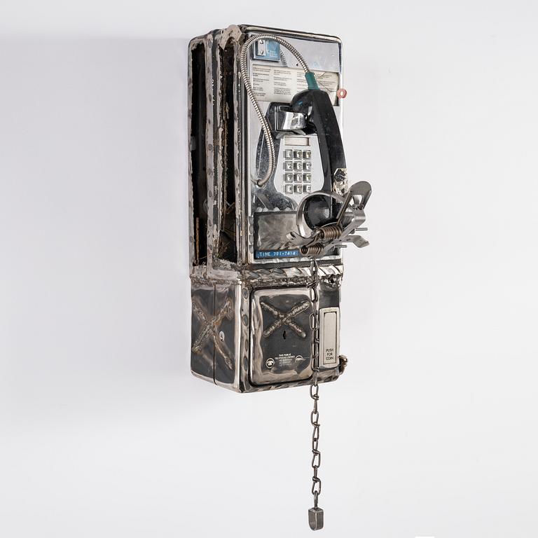 Jason Matthew Lee, hardrive magnets, animal trap, on cut and welded payphones. Executed in 2017.