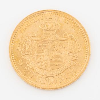 Guldmynt, Oscar II, 20 kronor, typ III, Sverige 1886.