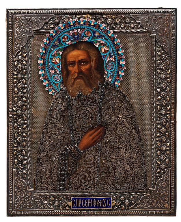 IKON med "Den helige Serafimen", silverinfattning, icke identifierad mästarstämpel S.G., Moskva 1899-1908.