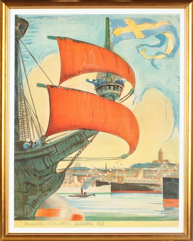 UTSTÄLLNINGSAFFISCH, litografiskt tryck, Jubileumsutställningen Göteborg 1923, daterad 1923.