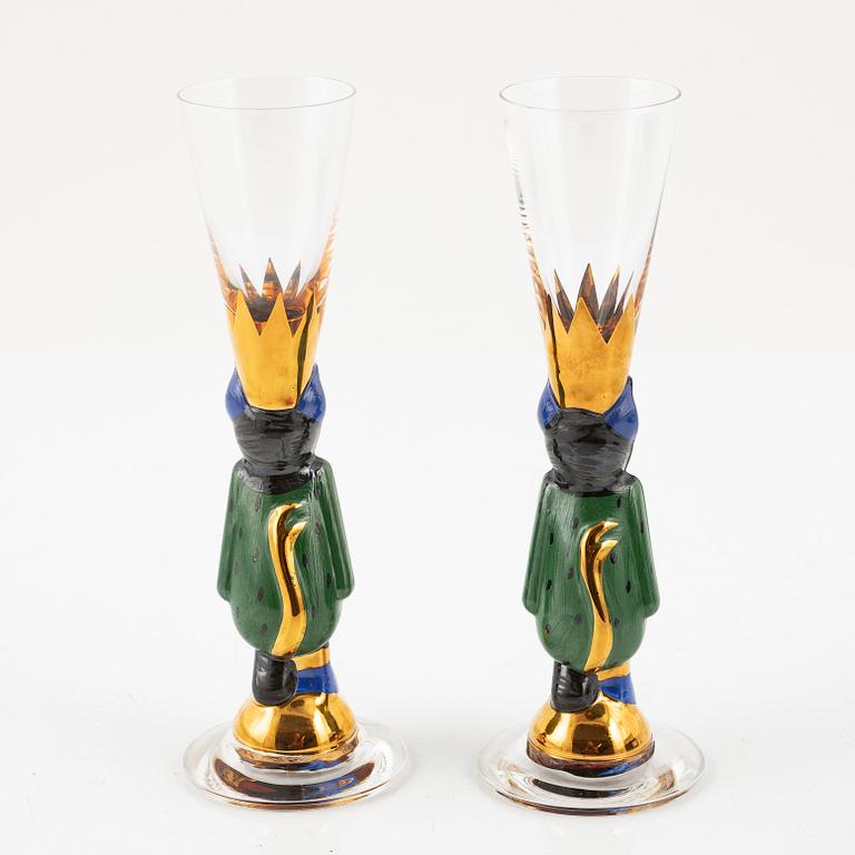 Snappsglas, 2 st, grön djävul, Gunnar Cyrén, Nobelservisen, Orrefors.