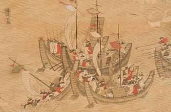 VIKSKÄRM, sex delar, tusch och akvarell på papper. Okänd Japansk konstnär, troligen 1600-tal.