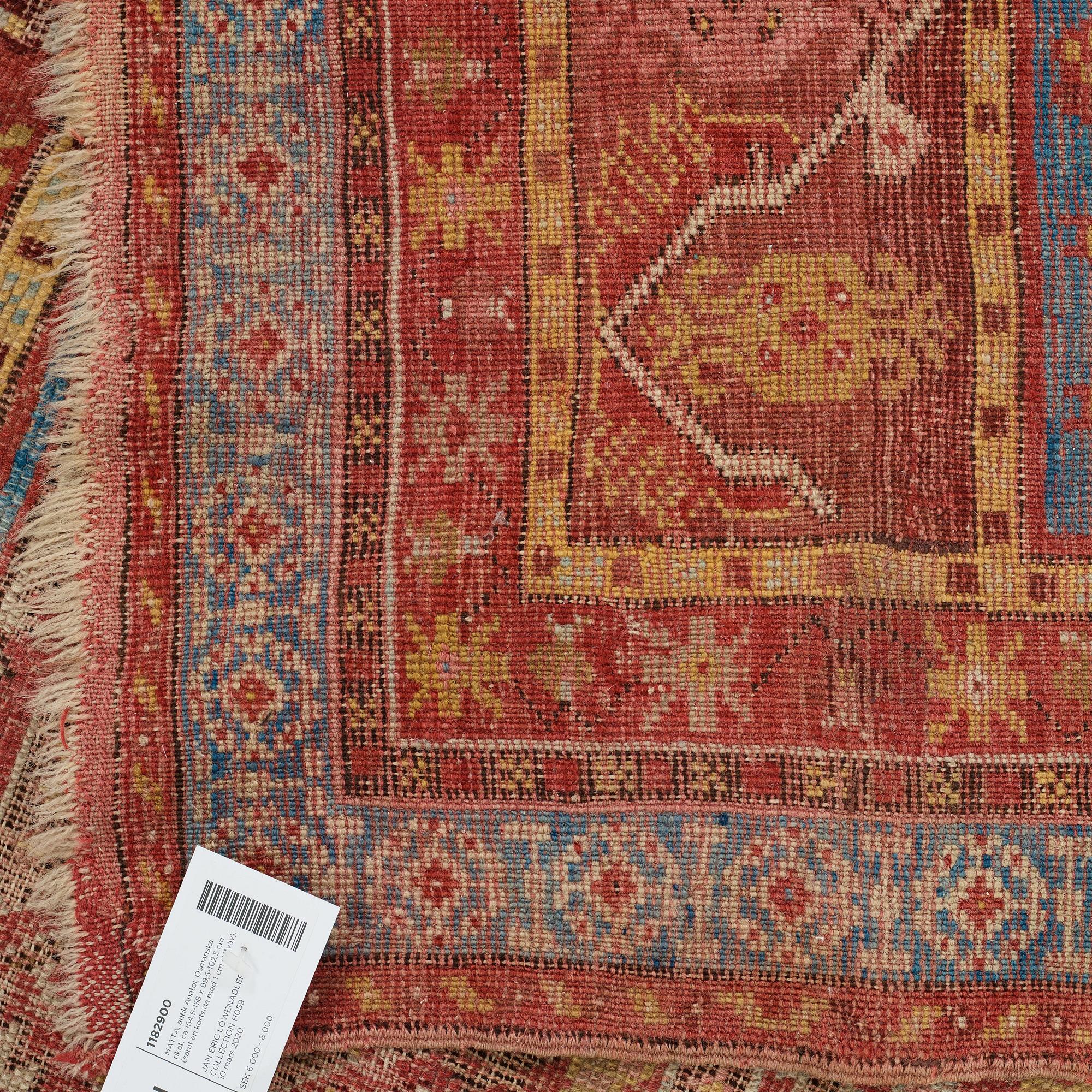 MATTA, antik Anatol, Osmanska riket, ca 154,5-158 x 99,5-102,5 cm (samt en kortsida med 1 cm slätväv).