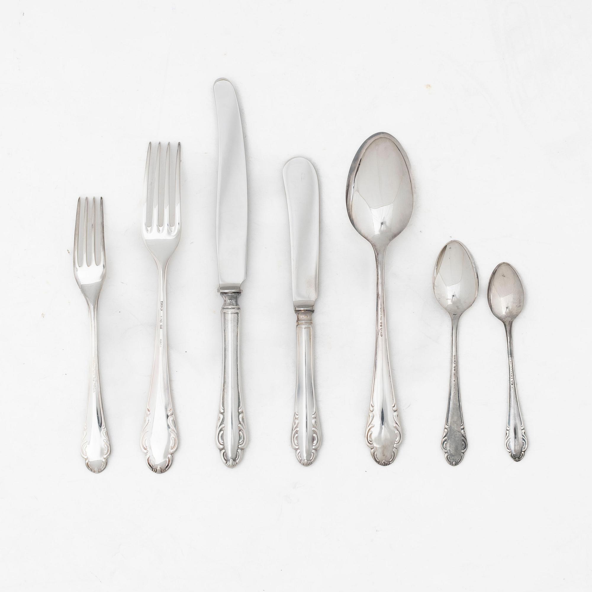 Bestickuppsättning, 58 delar, silver, modell "Haga", bl a JL Hultman, Stockholm 1951.