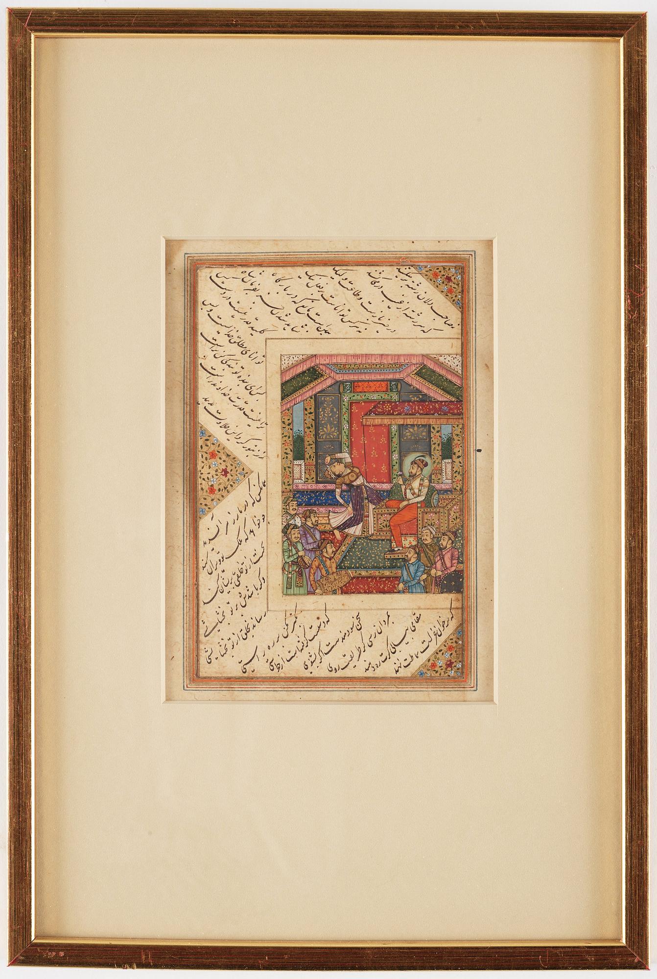 ALBUMBLAD, två stycken, bläck och färg på papper med förgyllda detaljer. Indien, 1700-tal.