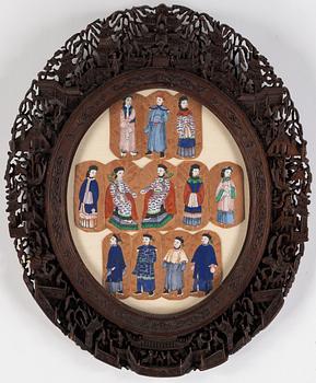 Chinese school, twelve small portraits of manchu aristocrats in a carved Cantonese frame, late Qing dynasty.