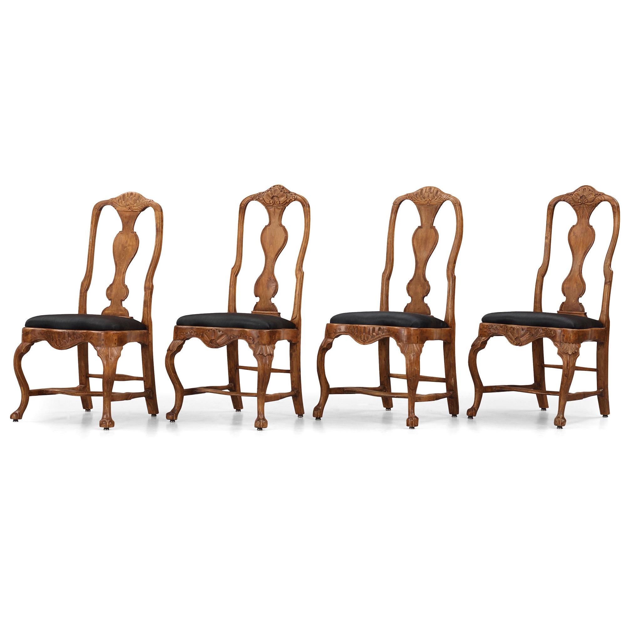 A set of four matched Swedish Rococo chairs, second part of the 18th century.