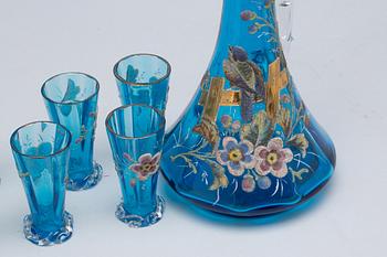 KARAFF MED GLAS, 6+1, glas. Omkring 1900.