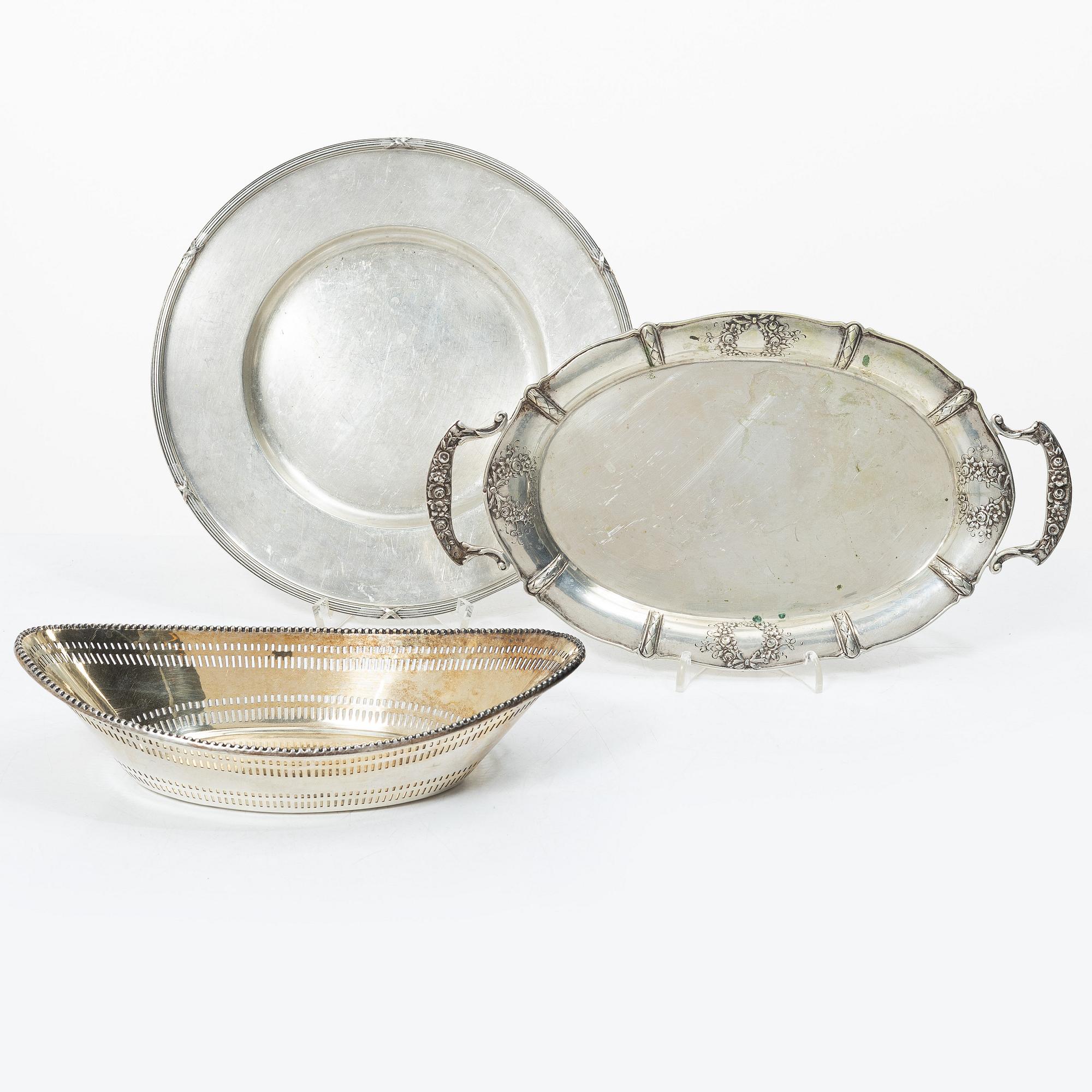 Dish, tray and bowl, silver, including with mark of K Anderson, Stockholm 1925.