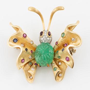 Brooch in the form of a butterfly, 14K gold with carved emerald, sapphires, emeralds, rubies, and diamonds. Second half of the 20th century.