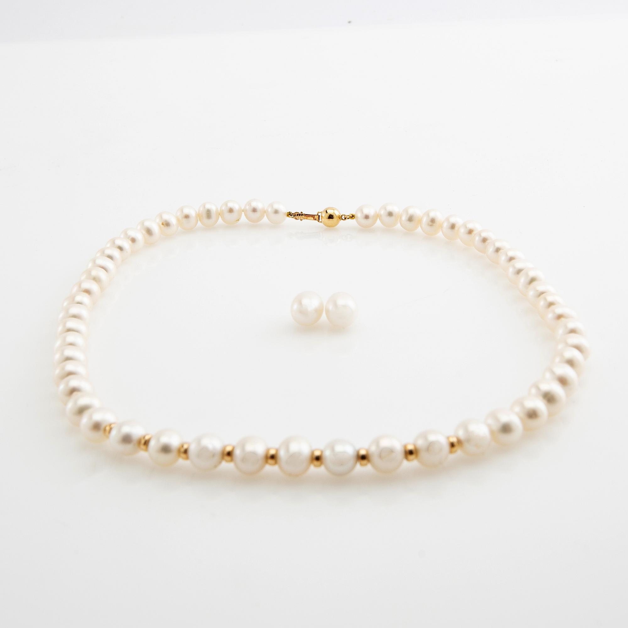 Necklace and pendants for earrings, a pair, possibly freshwater pearls and 18k gold.