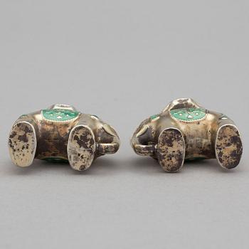 SALTCELLAR, a couple, silver, enamel, J Tostrup , Oslo, 1900s.