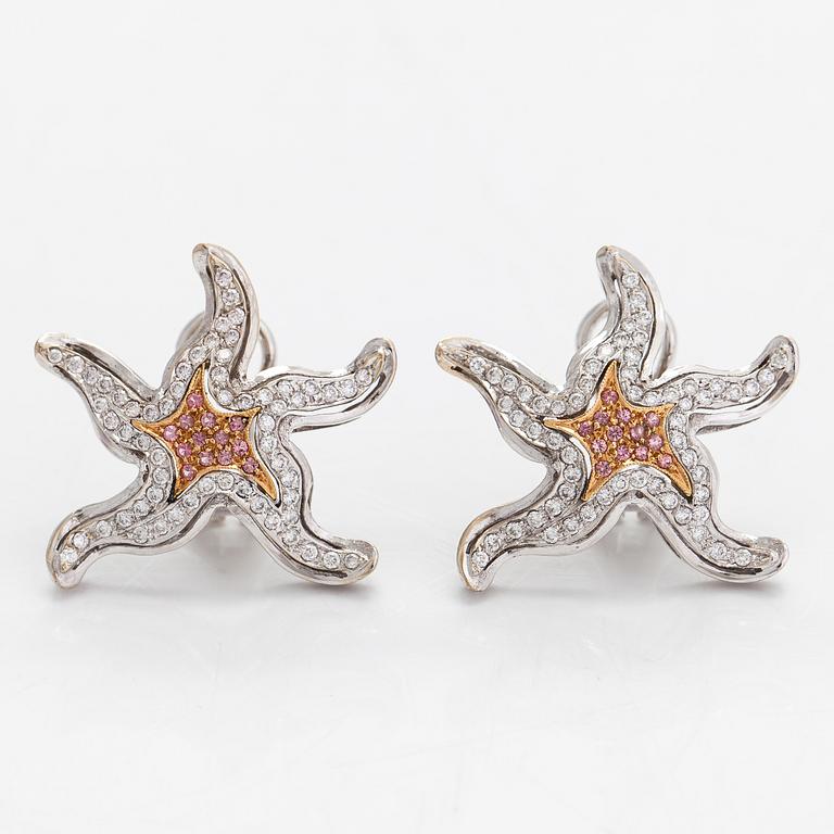 A pair of sea star earrings in 18K gold, diamonds ca. 1.00 ct in total and tourmalines. Italy.