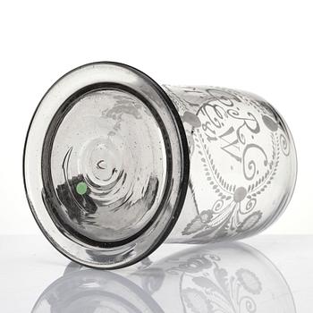 A large tankard, 18th Century with eched monogram for 'G.R.G' and 'M.E.W.' 1781.