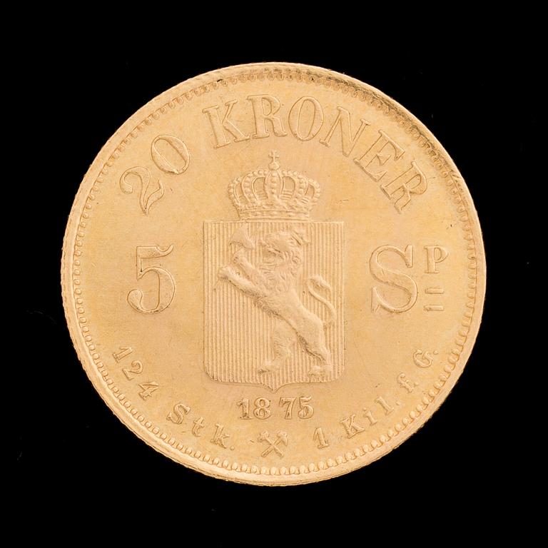 GULDMYNT, Sverige och Norge, 20 KRONER OSCAR II. 1875. Vikt ca 9 g.